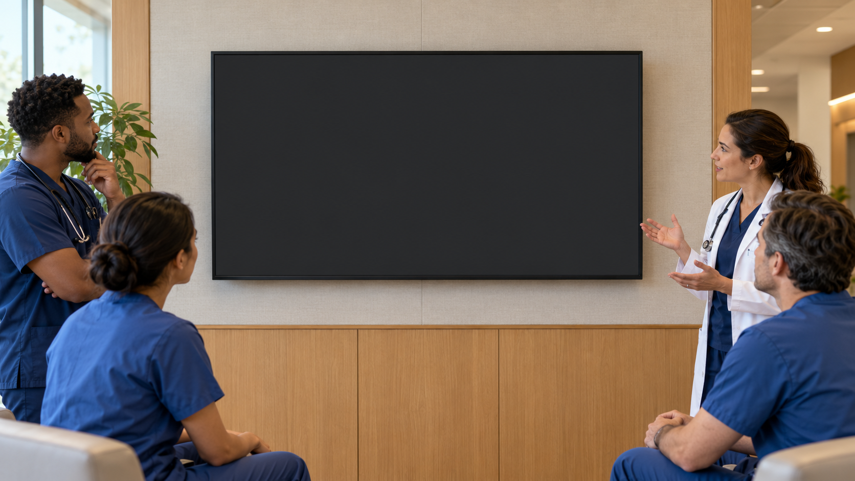 Fictional nurses and doctors gathered beside a wall-mounted display in a hospital staff space